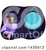 School Children Flying A Spaceship Near Planet Uranus