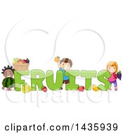 Poster, Art Print Of School Children With Produce Around Fruits Text