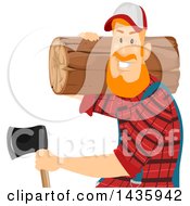 Red Haired White Male Lumberjack Carrying A Log And An Axe