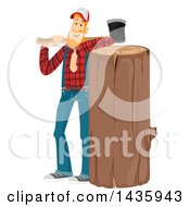 Red Haired White Male Lumberjack Leaning On A Big Log And Holding An Axe