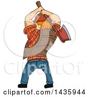 Poster, Art Print Of Cartoon Rear View Of A Red Haired White Male Lumberjack Swinging An Axe