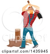 Poster, Art Print Of Rear View Of A Red Haired White Male Lumberjack Swinging An Axe And Splitting Firewood