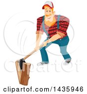 Red Haired White Male Lumberjack Splitting A Log With An Axe