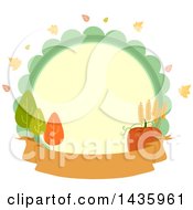 Circle Label With Autumn Leaves Trees Wheat And A Pumpkin Over A Banner