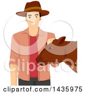 Poster, Art Print Of Happy Male Farmer Petting A Cow