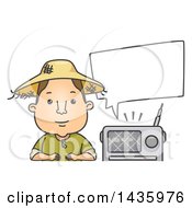 Clipart Of A Cartoon Brunette White Male Farmer Sitting By A Radio Royalty Free Vector Illustration
