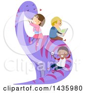 Clipart Of A Group Of Chidlren Sitting On And Sliding Down A Dinosaur Royalty Free Vector Illustration
