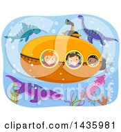Clipart Of A Submarine With Children Surrounded By Dinosaurs Royalty Free Vector Illustration by BNP Design Studio