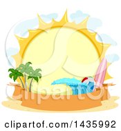 Poster, Art Print Of Round Summer Sun Label With A Surfboard Beach Ball Wave And Palm Trees Over A Banner