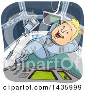 Poster, Art Print Of Cartoon Happy Blond White Male Astronaut Floating Inside A Spacecraft