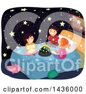 Poster, Art Print Of Children Sittingon A Bed With A Constellation Light Dome