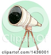 Poster, Art Print Of Sketched Telescope On A Tripod Over A Green Circle