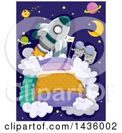Rocket And Astronauts Above A Bead With Planets