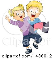 Poster, Art Print Of Happy Blond White Boy Carrying His Sister