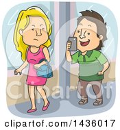 Cartoon Caucasian Man Annoying A Beautiful Woman By Taking A Picture Of Her With His Phone