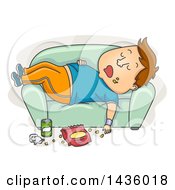 Clipart Of A Cartoon Fat Brunette White Man In Workout Clothes Sleeping On A Sofa After Pigging Out Royalty Free Vector Illustration by BNP Design Studio
