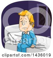 Poster, Art Print Of Cartoon Exhausted Sleepless Blond White Man Sitting On A Bed