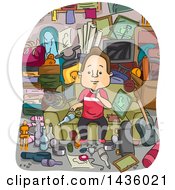 Poster, Art Print Of Cartoon Satisfied Brunette White Man Surrounded By Junk That He Has Collected