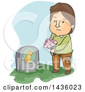 Poster, Art Print Of Cartoon Sad Brunette Caucasian Man Visiting His Pet Dogs Grave