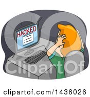 Cartoon Frustrated Red Haired White Man Grabbing His Hair In Front Of A Hacked Computer