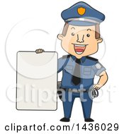 Poster, Art Print Of Cartoon Happy Brunette White Male Police Officer Holding A Blank Sign