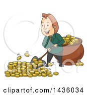 Poster, Art Print Of Cartoon Wealthy White Business Man Shoveling Gold Coins Into A Pot