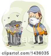 Cartoon Brunette White Male Garbage Collector Looking At Stinky Trash
