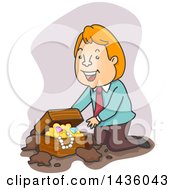 Poster, Art Print Of Cartoon Happy Red Haired White Business Man Kneeling By A Treasure Chest