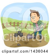 Cartoon Brunette White Man Digging To Plant Saplings