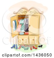 Poster, Art Print Of Sketched Antique Wardrobe Cabinet With Clothing And Shoes