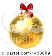 Poster, Art Print Of 3d Gold Earth Globe Christmas Bauble With A Red Bow