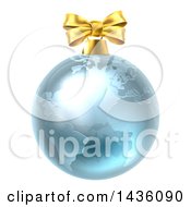 Poster, Art Print Of 3d Blue Earth Globe Christmas Bauble With A Gold Bow