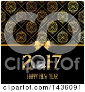 Poster, Art Print Of Happy New Year 2017 Greeting Under A Bow And Damask Pattern