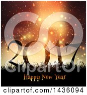 Poster, Art Print Of Happy New Year 2017 Greeting In Silhouetted Grass Against Sparkles And Flares