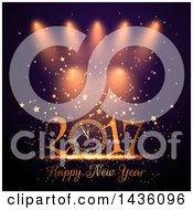 Clipart Of A Happy New Year 2017 Greeting With A Clock Under Spotlights Confetti And Stars Royalty Free Vector Illustration