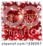 Poster, Art Print Of Happy New Year Bauble Greeting Over Red Glitter With A Border Of White Snowflakes