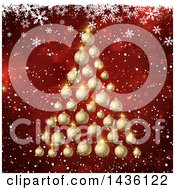 Poster, Art Print Of 3d Christmas Tree Of Golden Bauble Ornaments Over Red Bokeh Flares With White Snowflakes