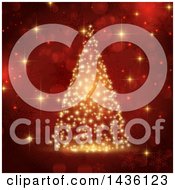 Poster, Art Print Of Christmas Tree Of Golden Sparkles Over Red Bokeh Flares And Snowflakes