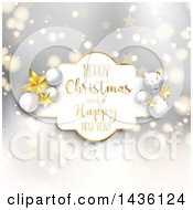 Poster, Art Print Of Merry Christmas And A Happy New Year Greeting Frame With Stars And Baubles Over A Gray Bokeh Pattern
