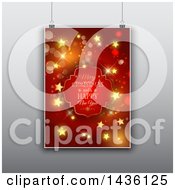 Poster, Art Print Of Suspended Merry Christmas And A Happy New Year Greeting Sigh With Gold Stars Over Gray