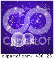Clipart Of A Merry Christmas Greeting Over Transparent Glass Snowflake Baubles With Bokeh Stars And Confetti Royalty Free Vector Illustration