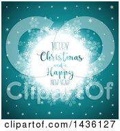 Poster, Art Print Of Merry Christmas And A Happy New Year Greeting In A Frame With Snowflakes On Teal