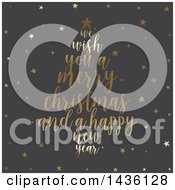 Poster, Art Print Of Merry Christmas And A Happy New Year Greeting Forming A Tree Over Gray With Gold Stars