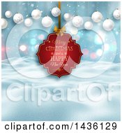 Clipart Of A Merry Christmas And A Happy New Year Greeting Tag Over A 3d Winter Landscape With Hanging Baubles Royalty Free Illustration