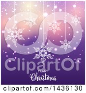 Poster, Art Print Of Merry Christmas Greeting With Suspended Snowflakes Over Purple Bokeh