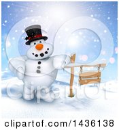 Poster, Art Print Of 3d Snowman Leaning On A Wood Sign In A Winter Landscape