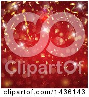 Poster, Art Print Of Red Christmas Background With Bokeh Flares Sparkles Snowflakes And Gold Party Streamers