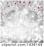 Poster, Art Print Of Christmas Tree Branch Background With Berries Over A Silver Bokeh Snowflake Background
