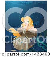 Poster, Art Print Of Pretty Blond Mermaid Opening A Sunken Treasure Chest