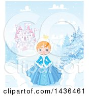 Poster, Art Print Of Happy Red Haired Princess In A Winter Landscape Castle In The Background